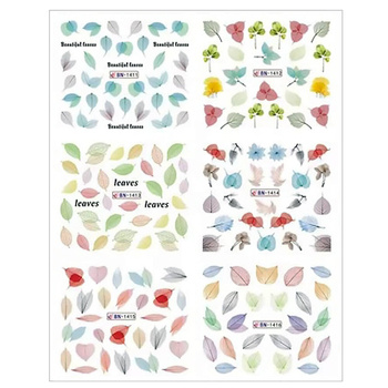 Water stickers for manicure, nail art, colorful leaves, BN-1411, sheet of 6 pcs