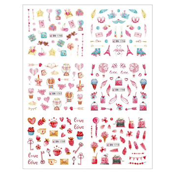 Water stickers for manicure, nail art, feather, BN-1705, sheet of 6 pcs