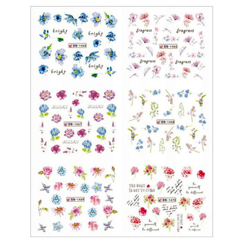 Water stickers for manicure, nail art,flowers, BN-1465, sheet of 6 pcs