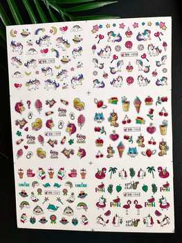 Water stickers for manicure, nail art, unicorns, BN-1057, sheet of 6 pcs