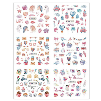 Water stickers for manicure, nail art, valentine's day, BN-1711, sheet of 6 pcs