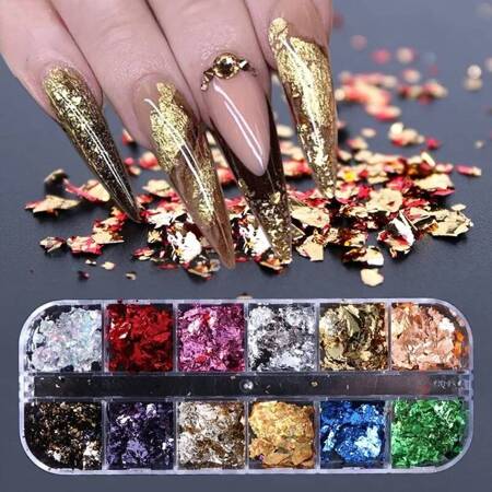 Colorful metallic nail flakes Alu foil effect set of 12 colors