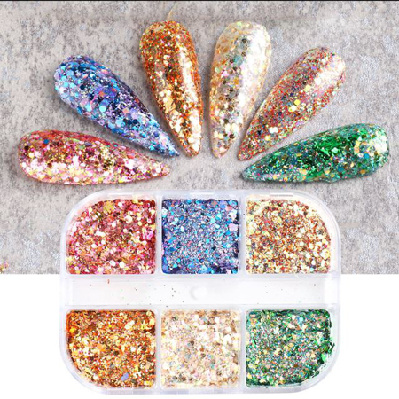 Nail art glitters, set of 6 colors