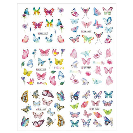 Water stickers for manicure, nail art, butterflies, BN-1651, sheet of 6 pcs