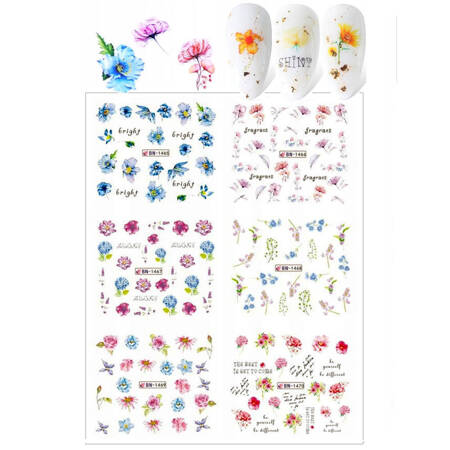 Water stickers for manicure, nail art,flowers, BN-1465, sheet of 6 pcs