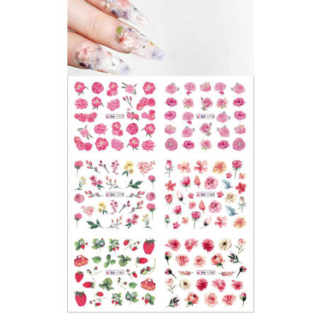 Water stickers for manicure, nail art,flowers, BN-1777, sheet of 6 pcs