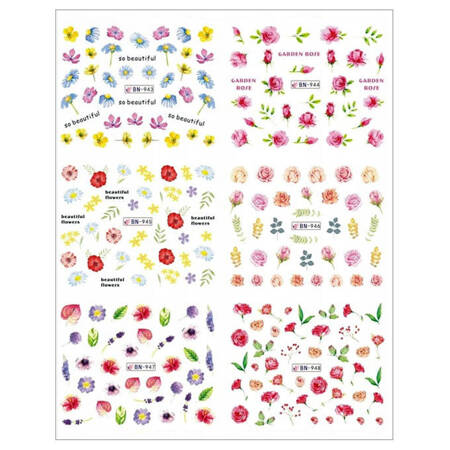 Water stickers for manicure, nail art, flowers, BN-943, sheet of 6 pcs