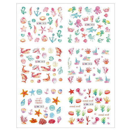 Water stickers for manicure, nail art, marine, BN-1813, sheet of 6 pcs