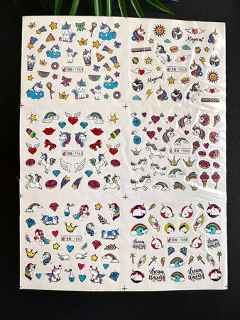 Water stickers for manicure, nail art, unicorns, BN-1063, sheet of 6 pcs
