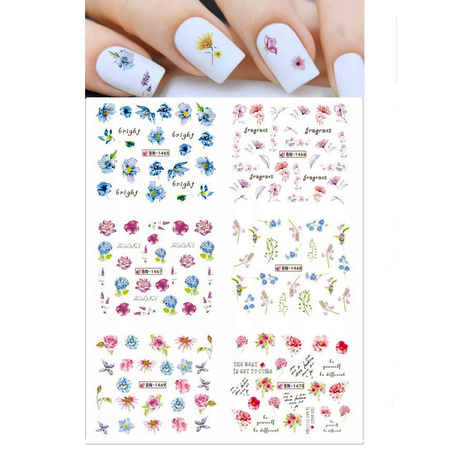 Water stickers for manicure, nail art,flowers, BN-1465, sheet of 6 pcs