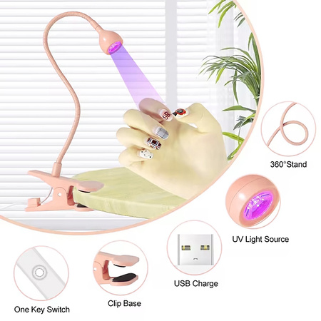 Flexible mini LED lamp - a clip-on flashlight for manicure peach color