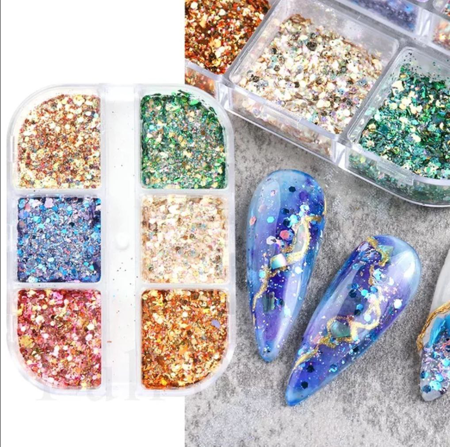 Brokaty glitter do zdobienia paznokci zestaw 6 kolorów