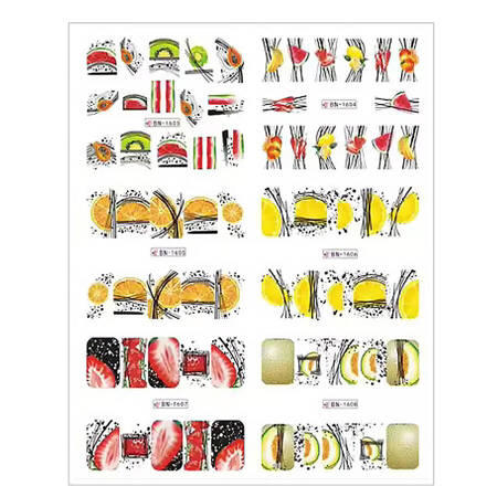 Водные наклейки слайдеры для маникюра дизайна ногтей фрукты BN-1603 6 шт
