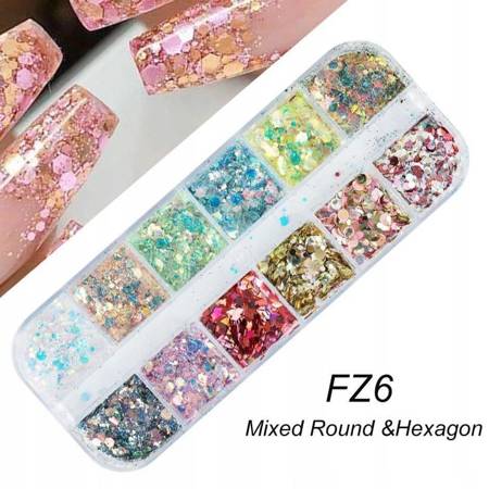 Cухие блестки для дизайна ногтей FZ6 набор 12шт.